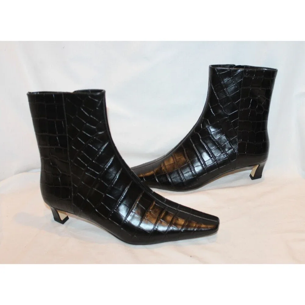 Michael Kors $175 Cosmo Croc-Embossed Bootie Kitten Heels Boots Black NIB 7